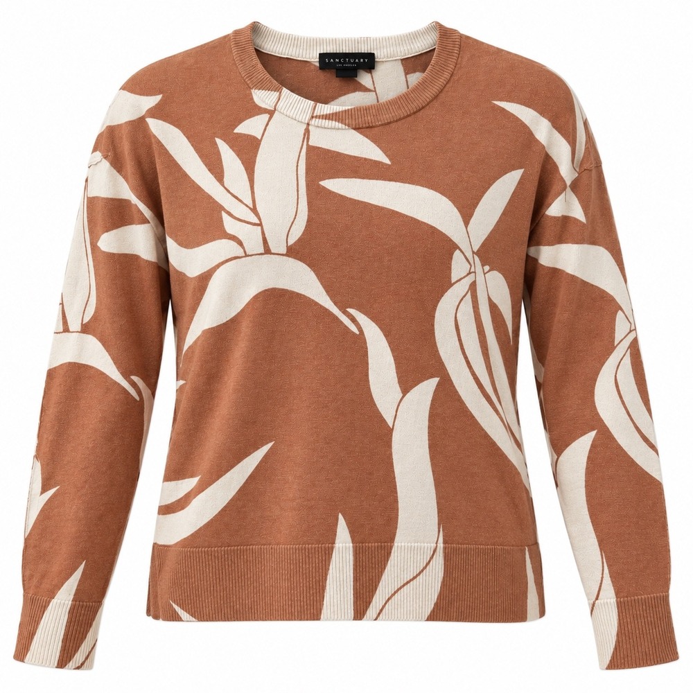 Sanctuary Sweater Abstract Floral Cotton Blend Large Brown Cream Pullover